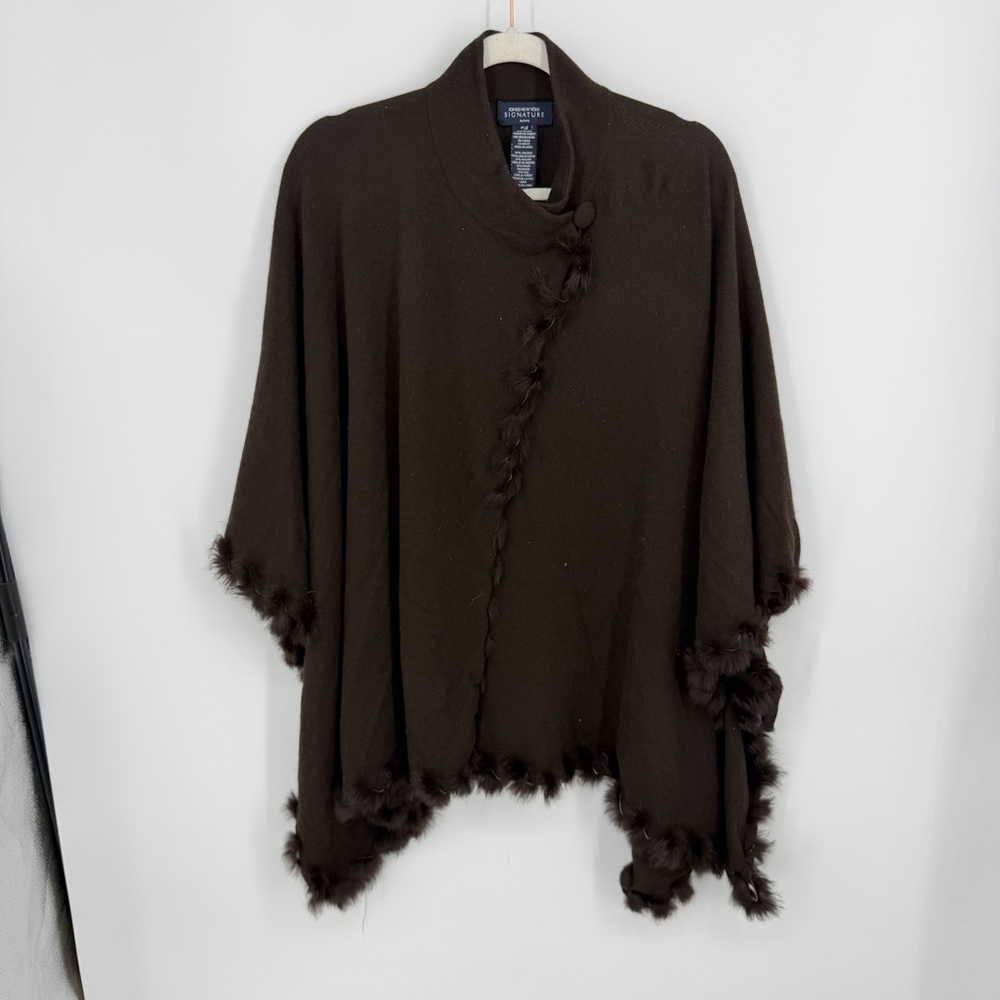 Jones New York Signature women's wrap poncho rabbit fur trim brown one size